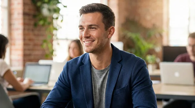 smiling man, businessman, modern office, confident, happy professional, co working space, young adult, blue blazer, workplace, entrepreneur, smart casual, corporate, success, male, cheerful, positive attitude, business person, office worker, casual style, adult male, productivity, handsome, professional look, ai generated. Why does San Francisco smart casual differ from Boston professional dress?